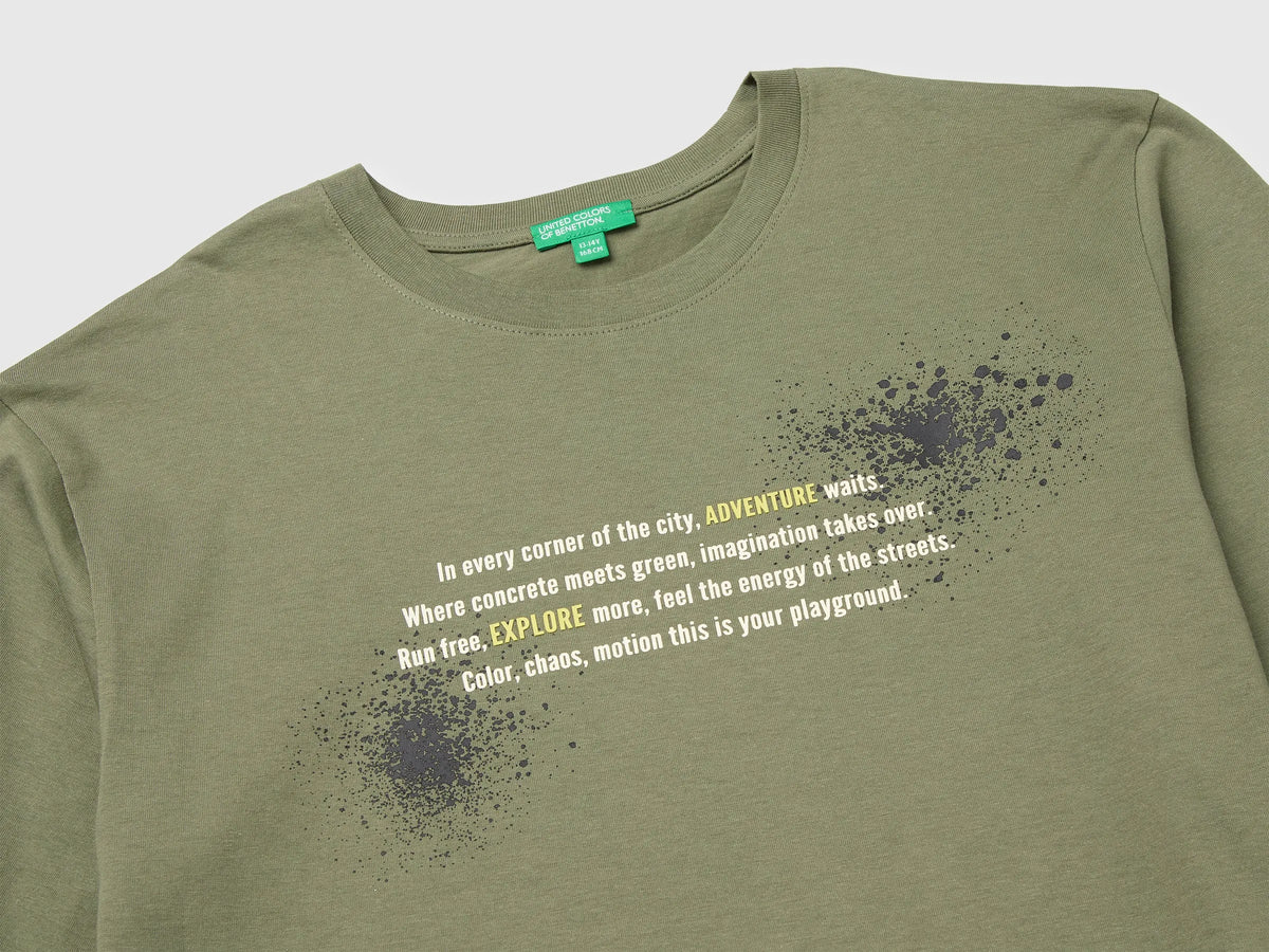 Benetton Military Green Boys 100% Organic Cotton T-Shirt with Print And Patch SKU: 3I1XC10UJ_07N Image 03
