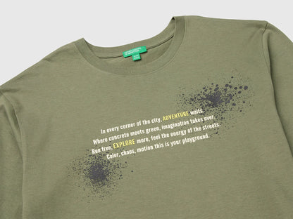 Benetton Military Green Boys 100% Organic Cotton T-Shirt with Print And Patch SKU: 3I1XC10UJ_07N Image 03