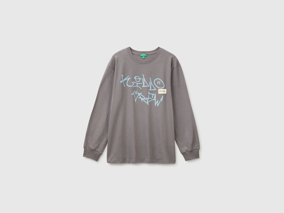 Benetton Gray Boys 100% Organic Cotton T-Shirt with Print And Patch SKU: 3I1XC10UJ_39R Image 01
