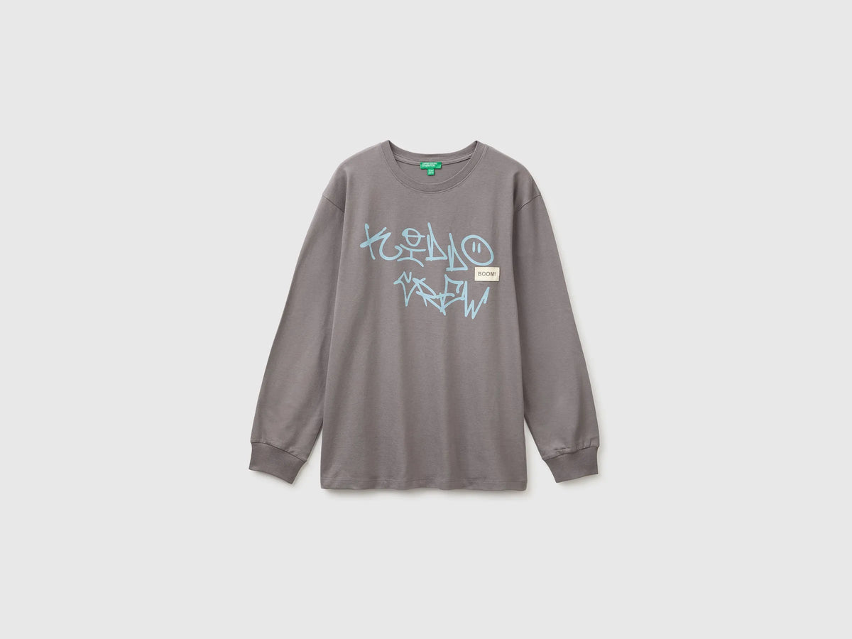 Benetton Gray Boys 100% Organic Cotton T-Shirt with Print And Patch SKU: 3I1XC10UJ_39R Image 01