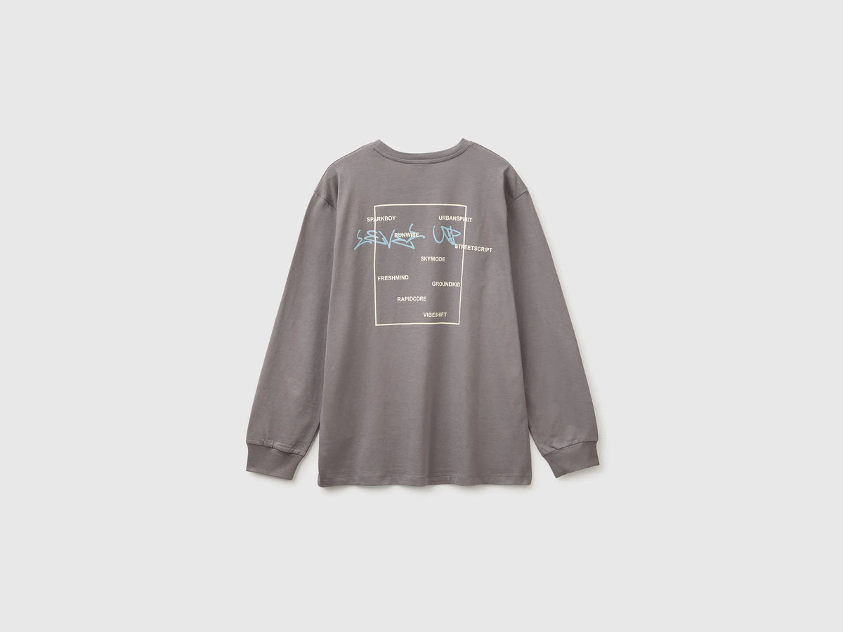 Benetton Gray Boys 100% Organic Cotton T-Shirt with Print And Patch SKU: 3I1XC10UJ_39R Image 02