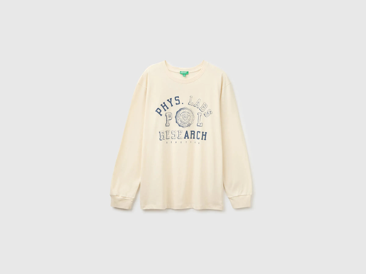 Benetton Creamy White Boys 100% Organic Cotton T-Shirt with Print And Patch SKU: 3I1XC10UJ_3C9 Image 01