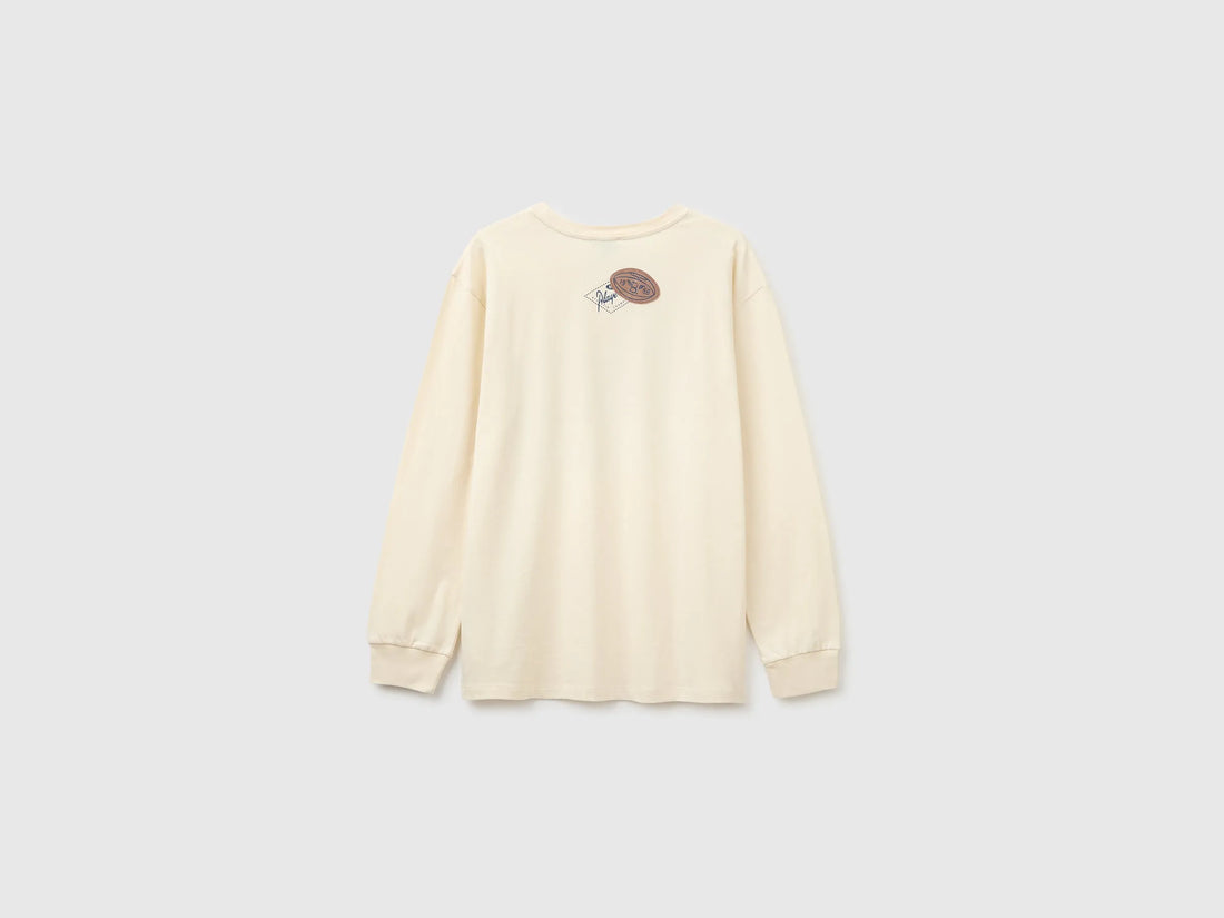 Benetton Creamy White Boys 100% Organic Cotton T-Shirt with Print And Patch SKU: 3I1XC10UJ_3C9 Image 02