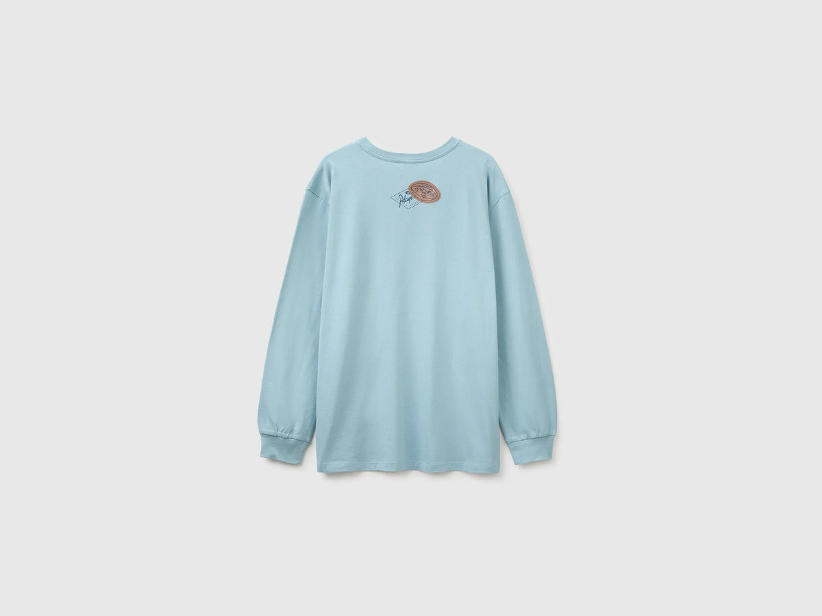 Benetton Light Blue Boys 100% Organic Cotton T-Shirt with Print And Patch SKU: 3I1XC10UJ_3E4 Image 02