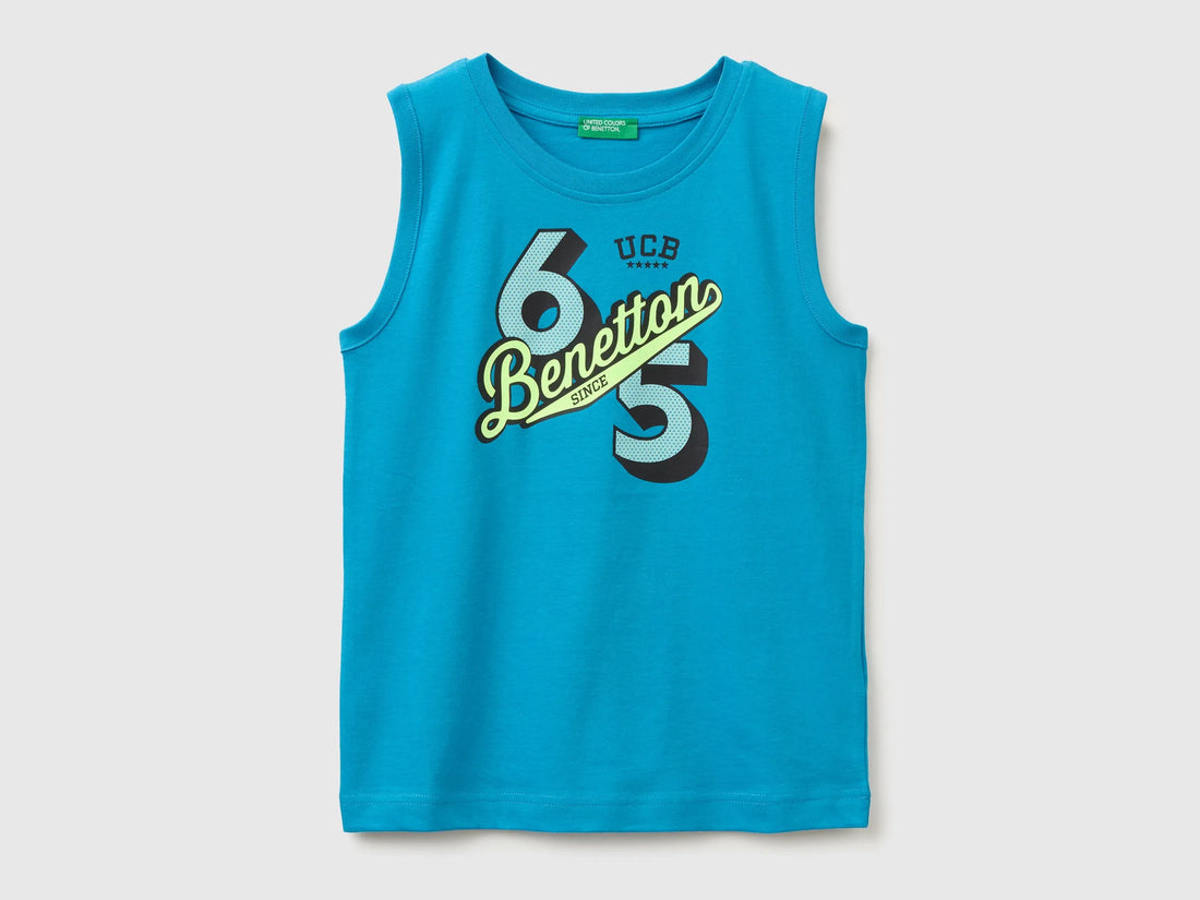 Benetton Blue Boys Organic Cotton Tank Top with Logo Print SKU: 3I1XCH023_051 Image 01
