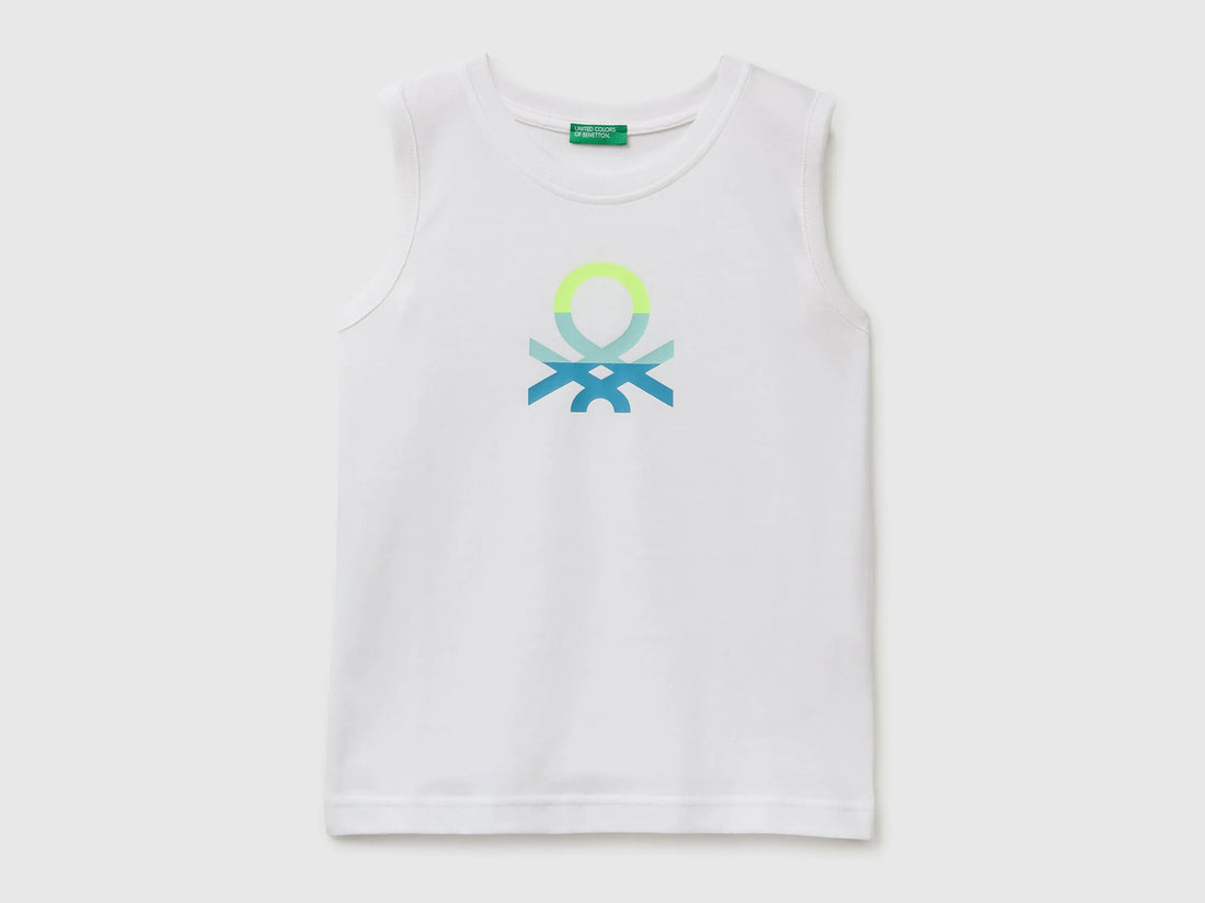 Benetton White Boys Organic Cotton Tank Top with Logo Print SKU: 3I1XCH023_101 Image 01