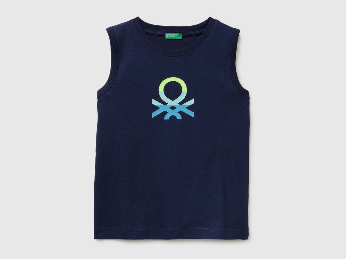 Benetton Dark blue Boys Organic Cotton Tank Top with Logo Print SKU: 3I1XCH023_252 Image 01