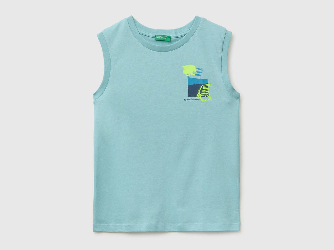 Benetton Aqua Boys Tank Top with Print and Embroidery SKU: 3I1XCH028_3L7 Image 01