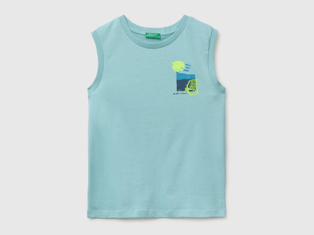 Benetton Aqua Boys Tank Top with Print and Embroidery SKU: 3I1XCH028_3L7 Image 01