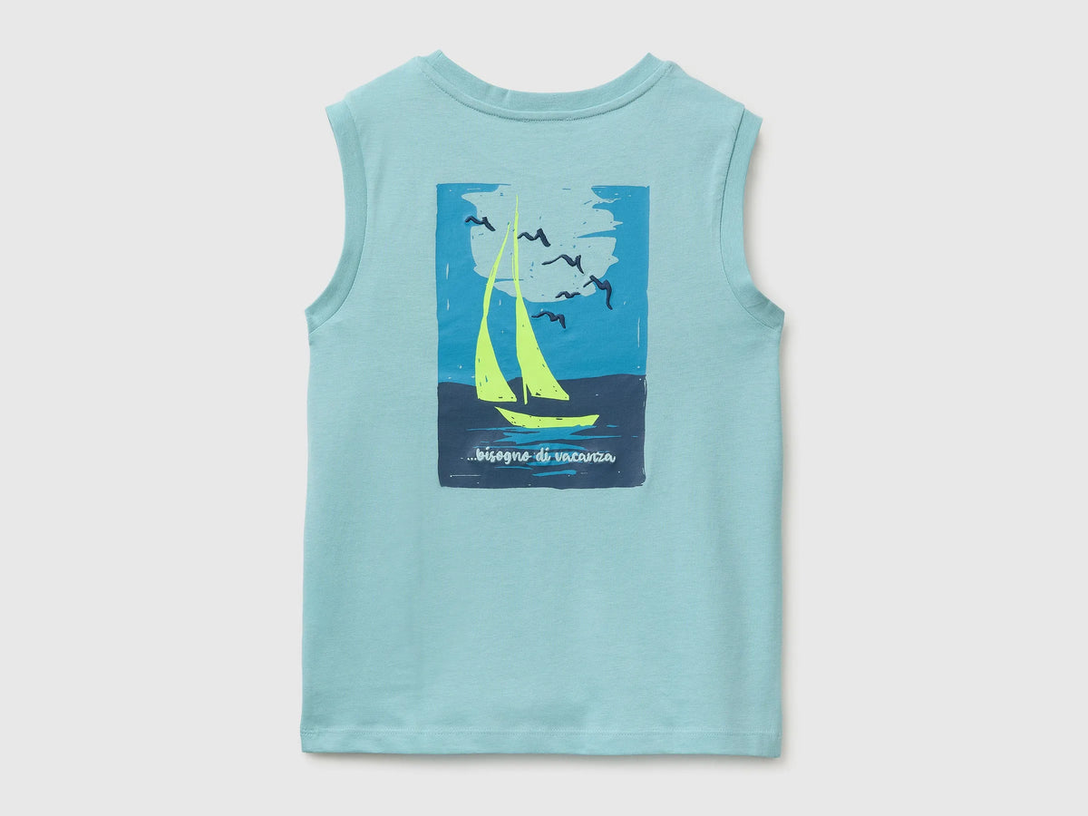 Benetton Aqua Boys Tank Top with Print and Embroidery SKU: 3I1XCH028_3L7 Image 02