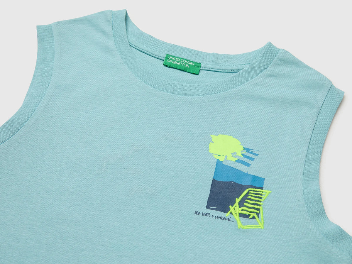 Benetton Aqua Boys Tank Top with Print and Embroidery SKU: 3I1XCH028_3L7 Image 03