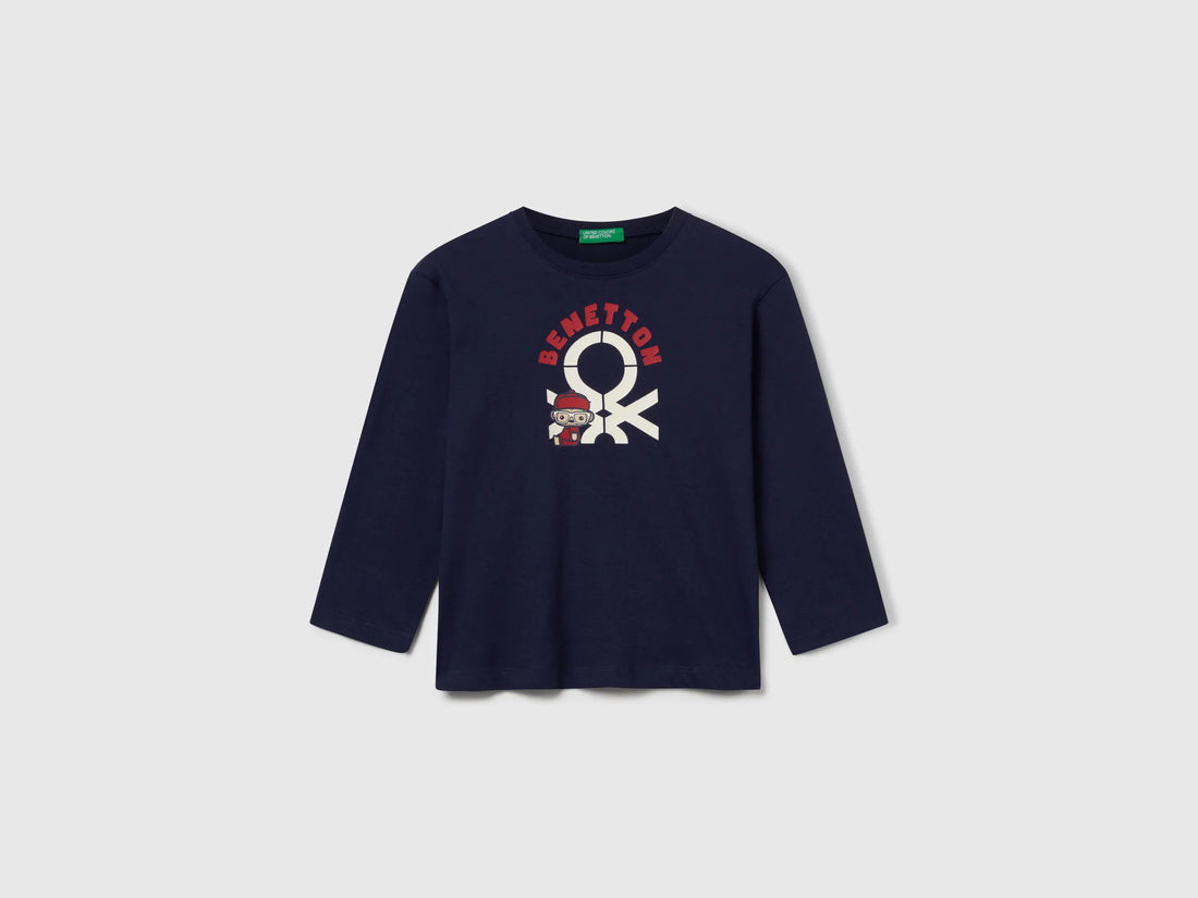 Benetton Dark Blue Boys Long Sleeve Cotton T-Shirt SKU: 3I1XG10F2_252 Image 01