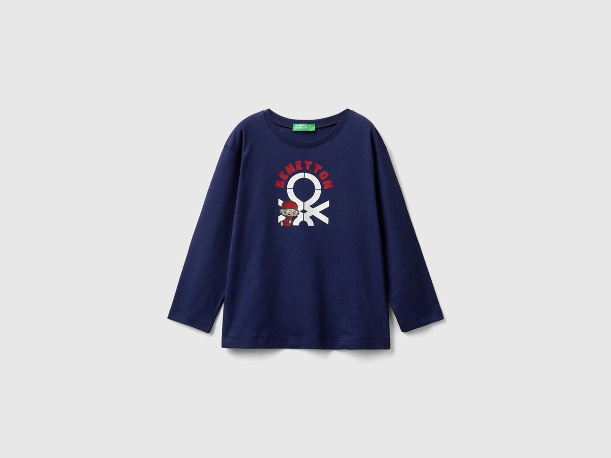 Benetton Dark Blue Boys Long Sleeve Cotton T-Shirt SKU: 3I1XG10F2_252 Image 01