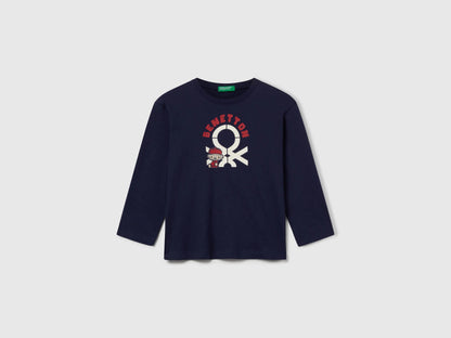 Benetton Dark Blue Boys Long Sleeve Cotton T-Shirt SKU: 3I1XG10F2_252 Image 01