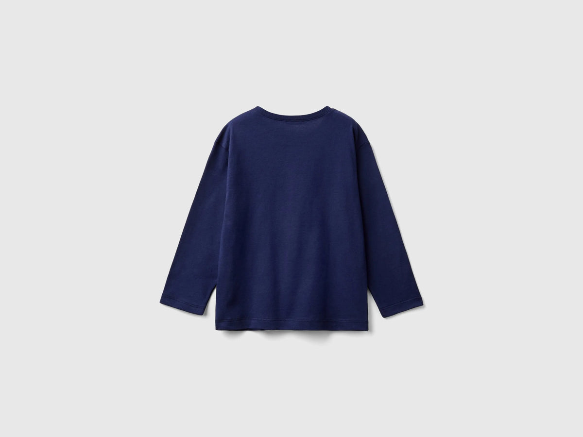 Benetton Dark Blue Boys Long Sleeve Cotton T-Shirt SKU: 3I1XG10F2_252 Image 02
