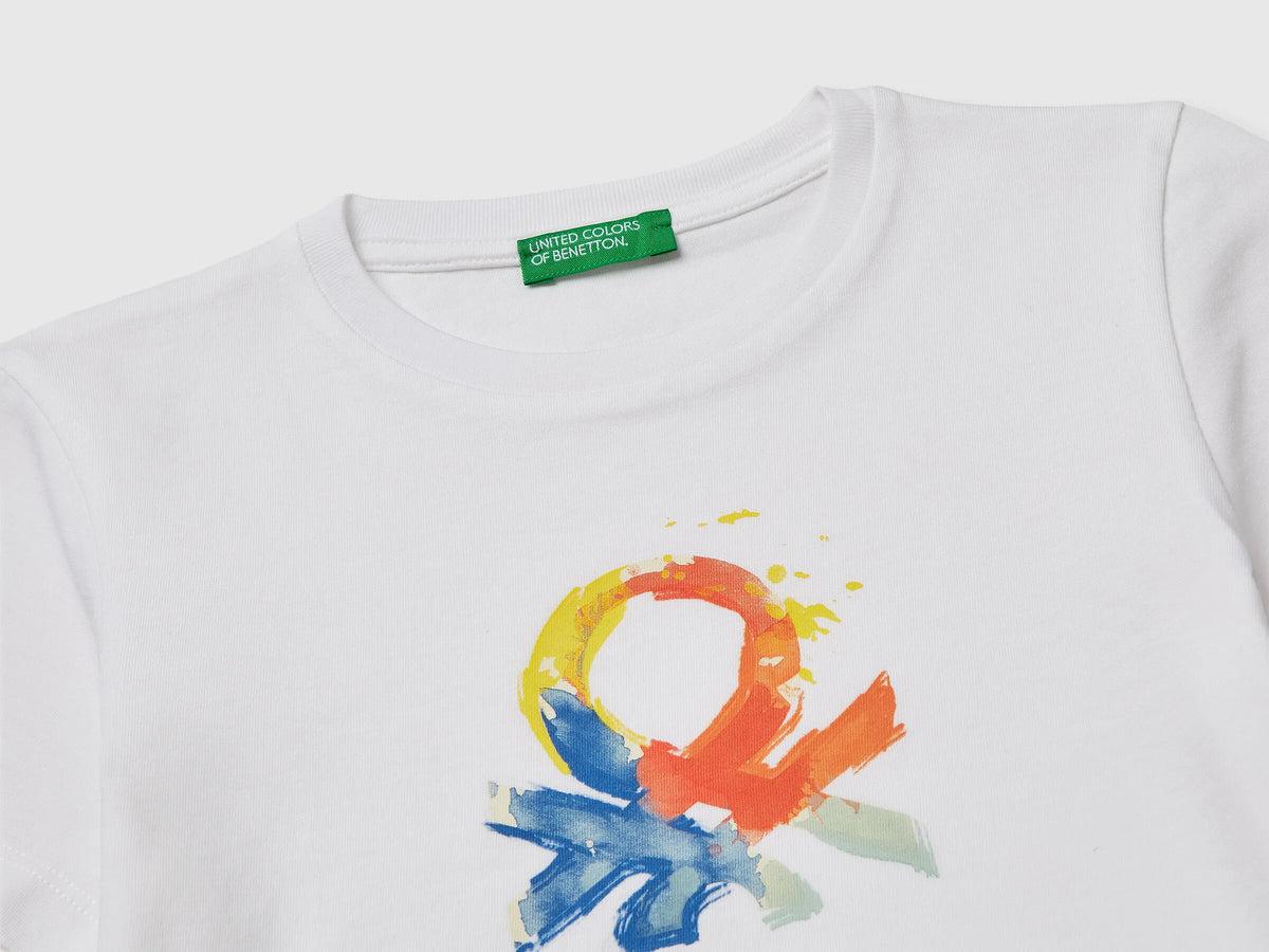 Benetton White Boys T-Shirt with Logo SKU: 3I1XG10LK_101 Image 03