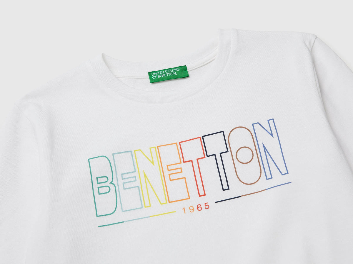 Benetton White Boys T-Shirt in Organic Cotton with Logo Print SKU: 3I1XG10LM_101 Image 03