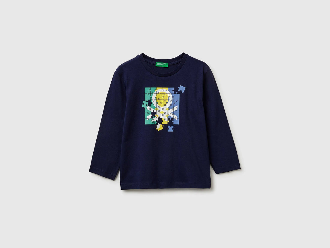 Benetton Dark blue Boys T-Shirt in Organic Cotton with Logo Print SKU: 3I1XG10LM_252 Image 01