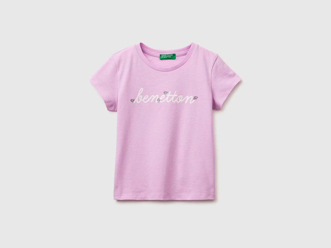 Benetton Lilac Girls T-Shirt with Glitter Print SKU: 3I1XG10LU_00L Image 01