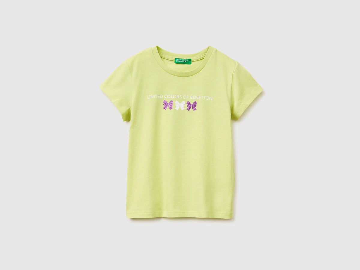 Benetton Yellow Girls T-Shirt with Glitter Print SKU: 3I1XG10LU_0M4 Image 01