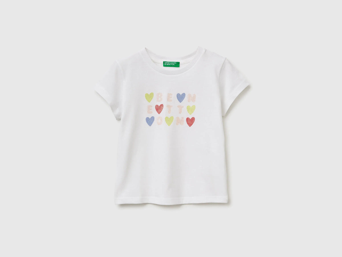 Benetton White Girls T-Shirt with Glitter Print SKU: 3I1XG10LU_101 Image 01