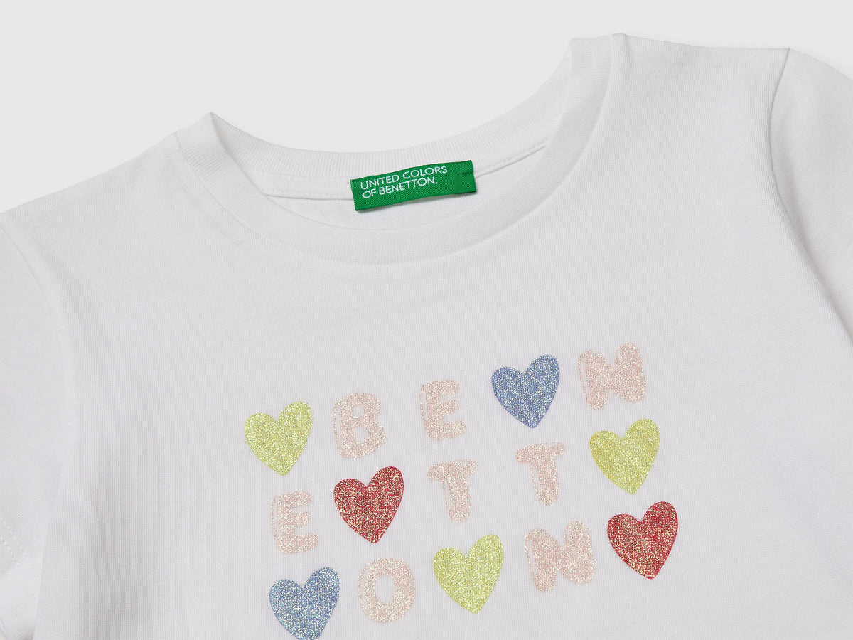 Benetton White Girls T-Shirt with Glitter Print SKU: 3I1XG10LU_101 Image 03