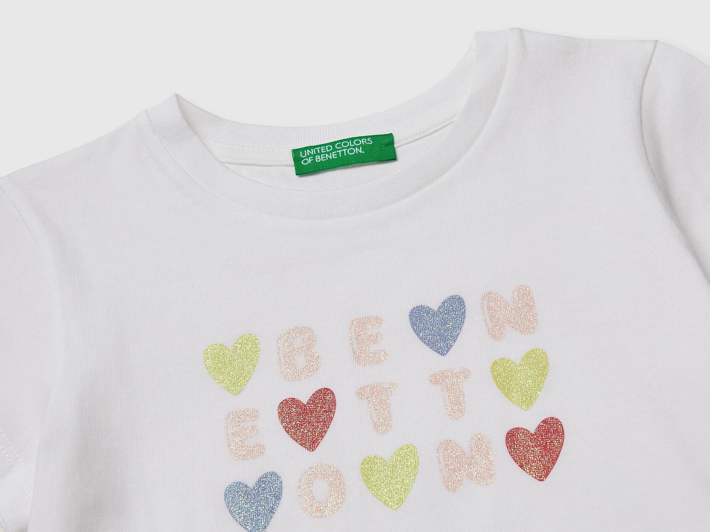 Benetton White Girls T-Shirt with Glitter Print SKU: 3I1XG10LU_101 Image 03