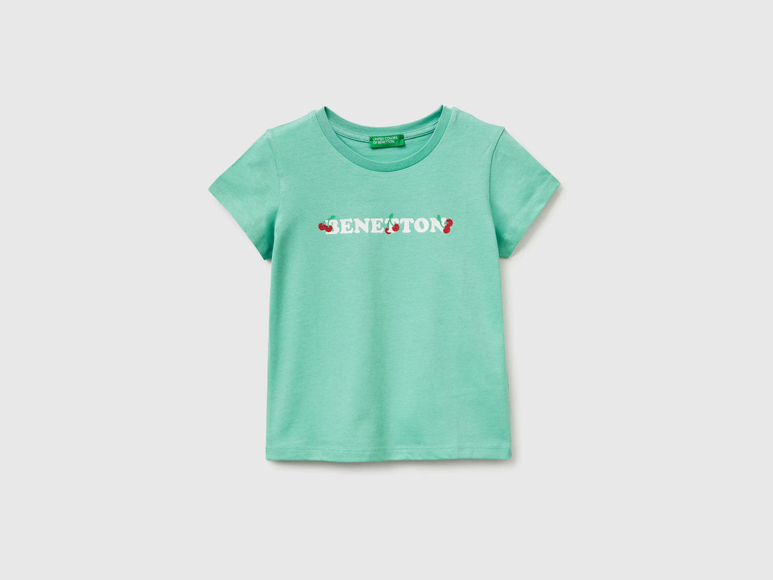 Benetton Aqua Girls T-Shirt with Glitter Print SKU: 3I1XG10LU_13D Image 01