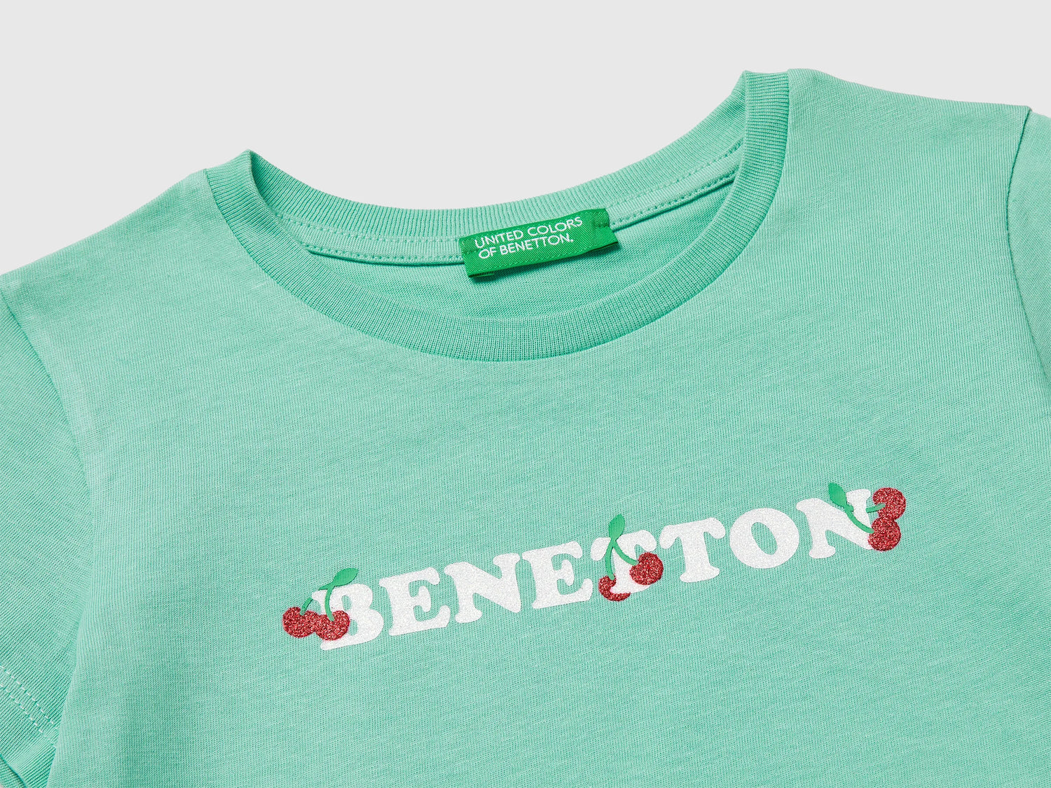 Benetton Aqua Girls T-Shirt with Glitter Print SKU: 3I1XG10LU_13D Image 03