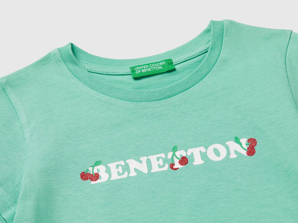 Benetton Aqua Girls T-Shirt with Glitter Print SKU: 3I1XG10LU_13D Image 03
