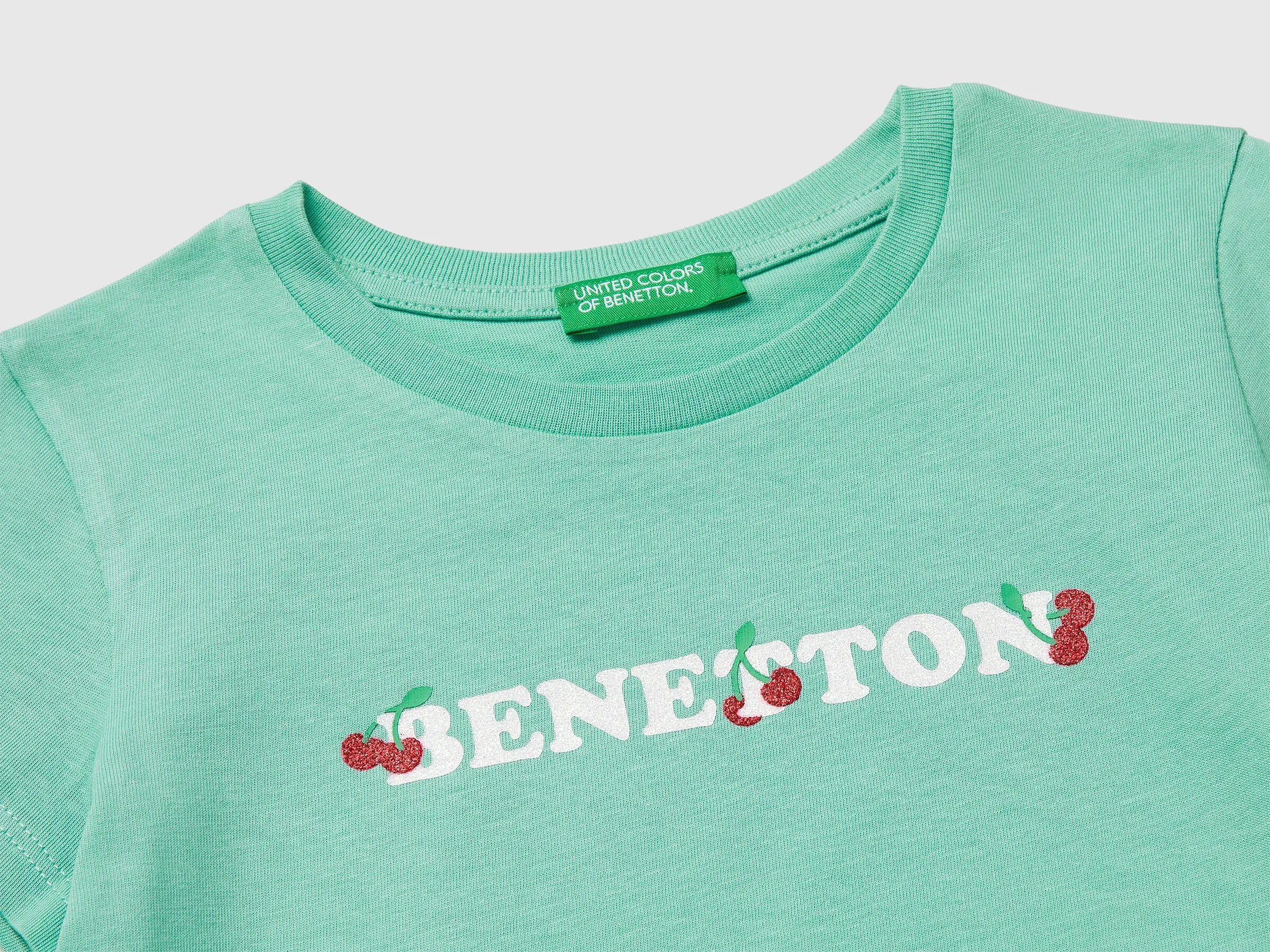 Benetton Aqua Girls T-Shirt with Glitter Print SKU: 3I1XG10LU_13D Image 03