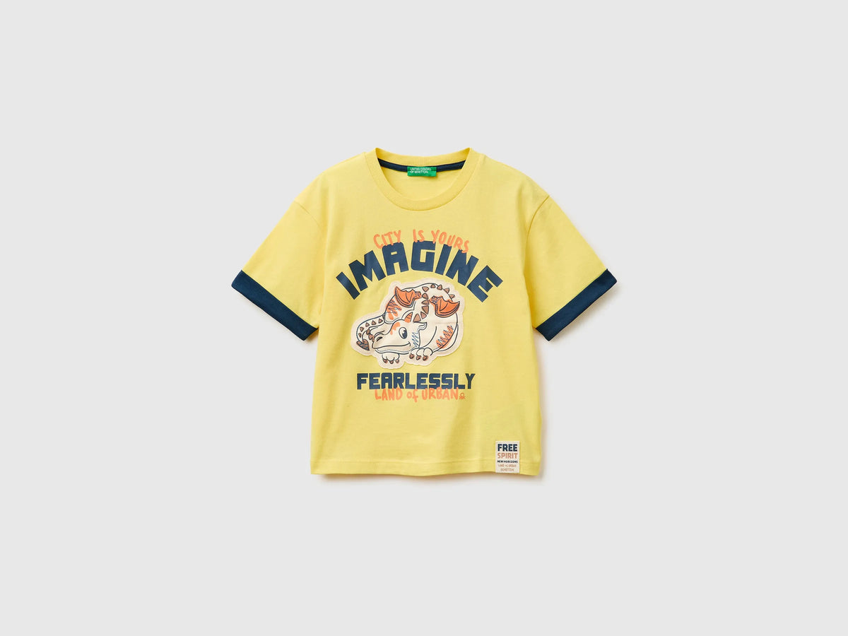 Benetton Yellow Boys Organic Cotton T-Shirt with Print SKU: 3I1XG10LZ_1C7 Image 01