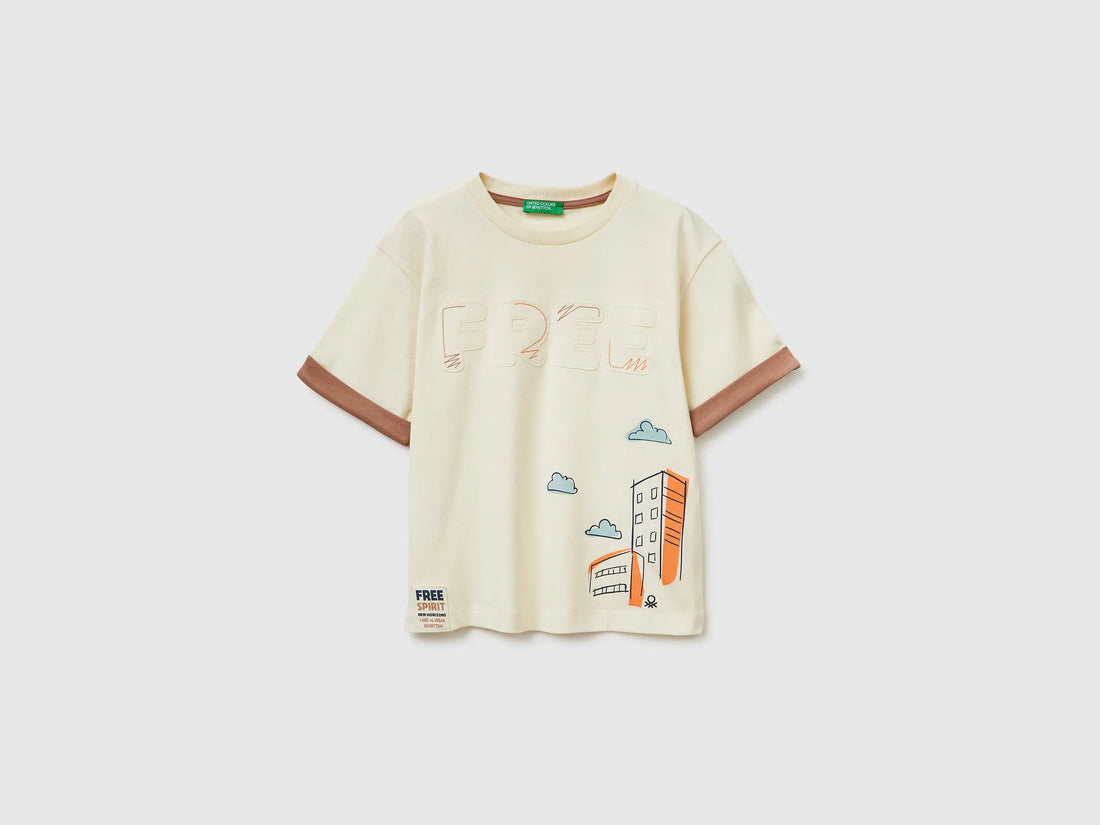 Benetton Creamy white Boys Organic Cotton T-Shirt with Print SKU: 3I1XG10LZ_3C9 Image 01