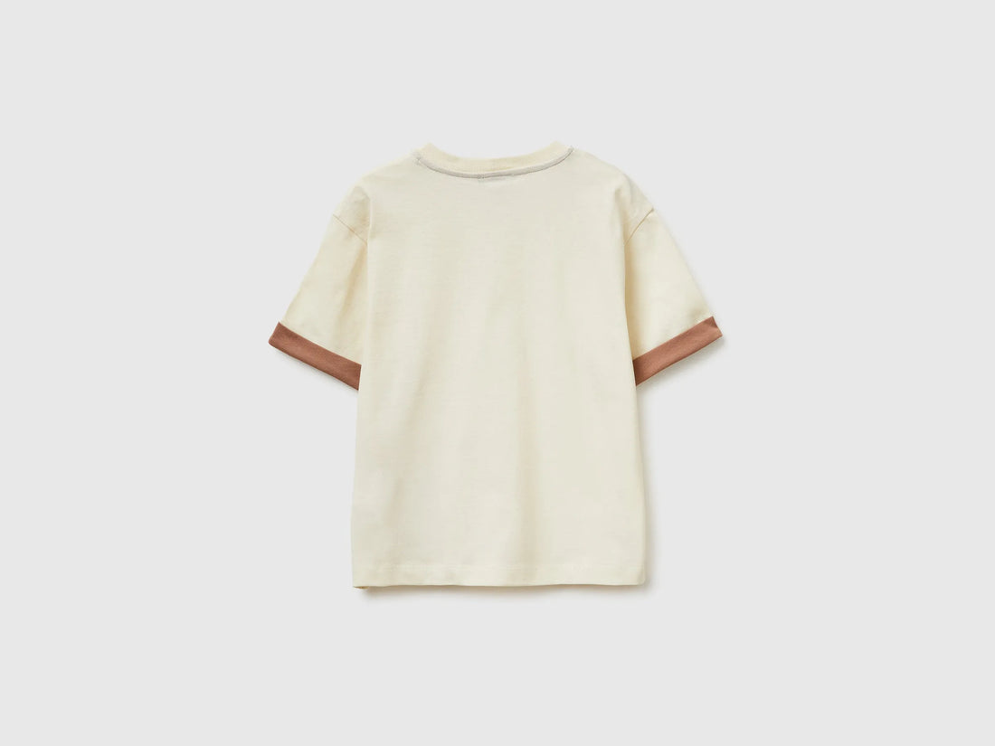 Benetton Creamy white Boys Organic Cotton T-Shirt with Print SKU: 3I1XG10LZ_3C9 Image 02