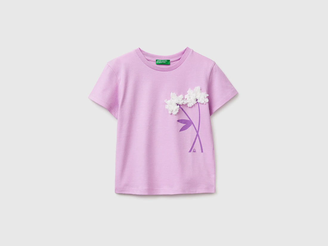 Benetton Lilac Girls T-Shirt with Print and Embroidery SKU: 3I1XG10M7_00L Image 01
