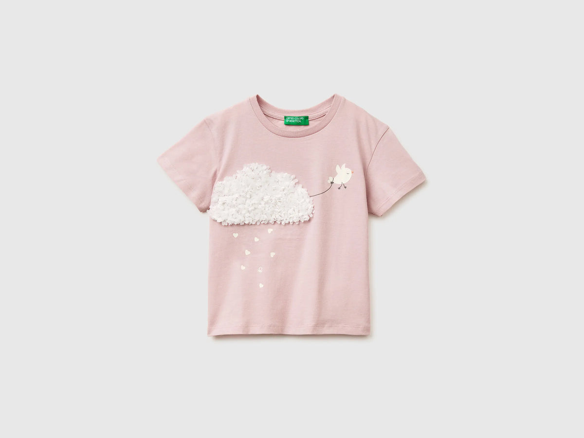 Benetton Pink Girls T-Shirt with Print and Embroidery SKU: 3I1XG10M7_0C3 Image 01
