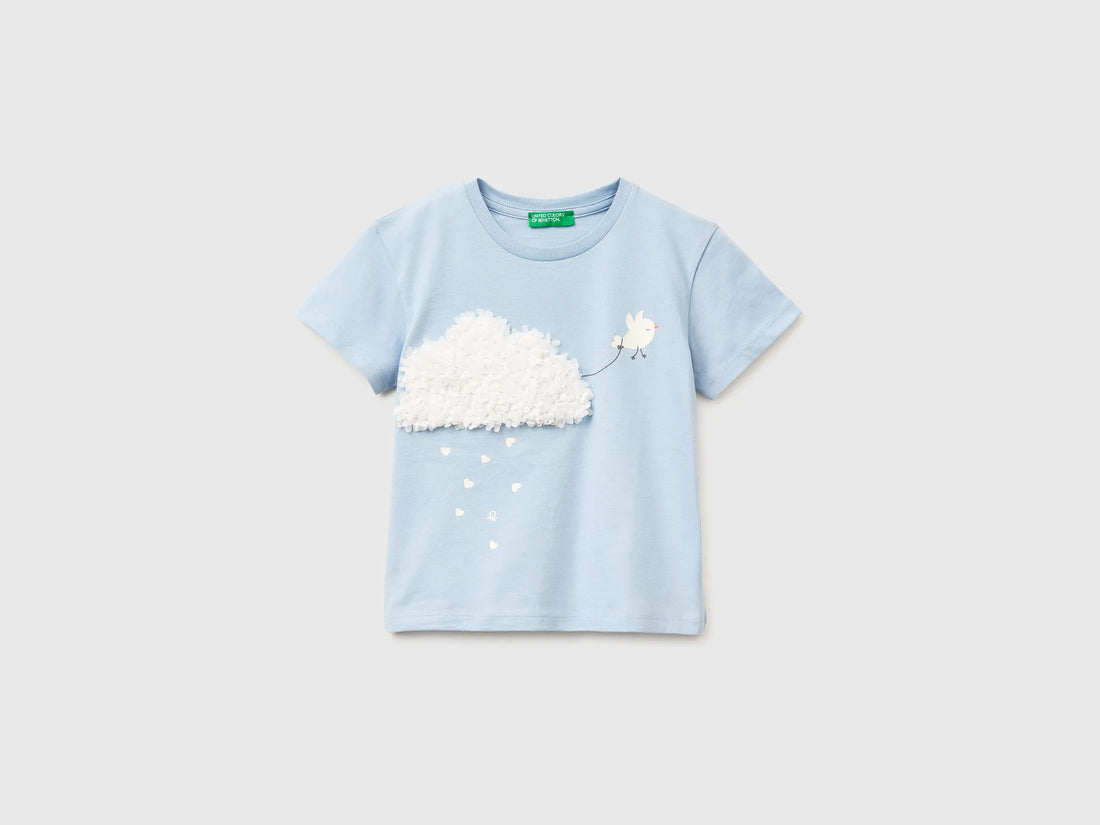 Benetton Light Blue Girls T-Shirt with Print and Embroidery SKU: 3I1XG10M7_12C Image 01