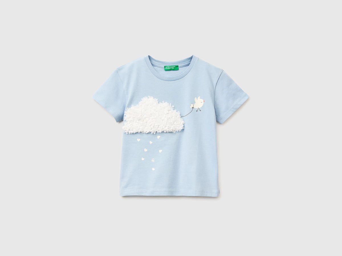 Benetton Light Blue Girls T-Shirt with Print and Embroidery SKU: 3I1XG10M7_12C Image 01