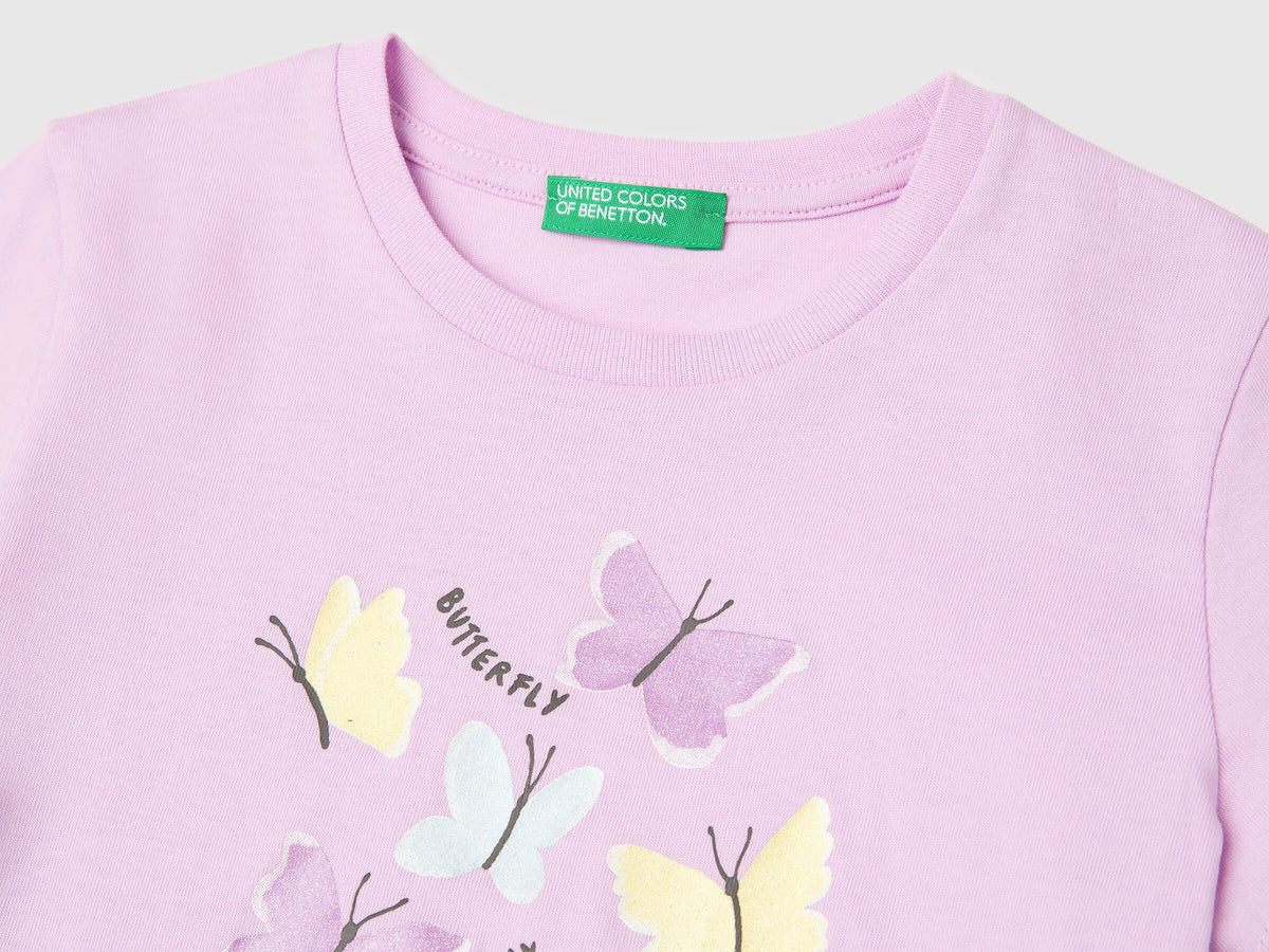 Benetton Lilac Girls T-Shirt with Print and Glitter SKU: 3I1XG10M8_00L Image 03