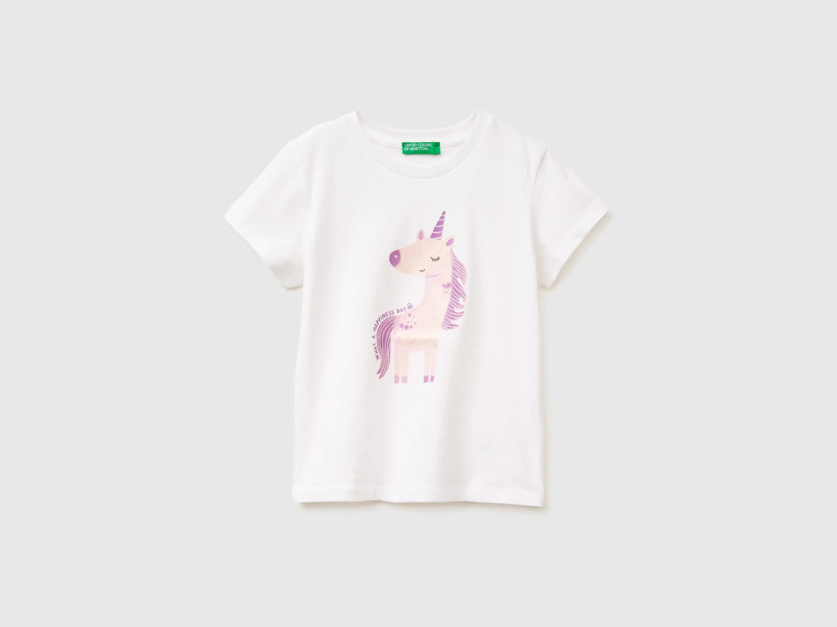Benetton White Girls T-Shirt with Print and Glitter SKU: 3I1XG10M8_101 Image 01