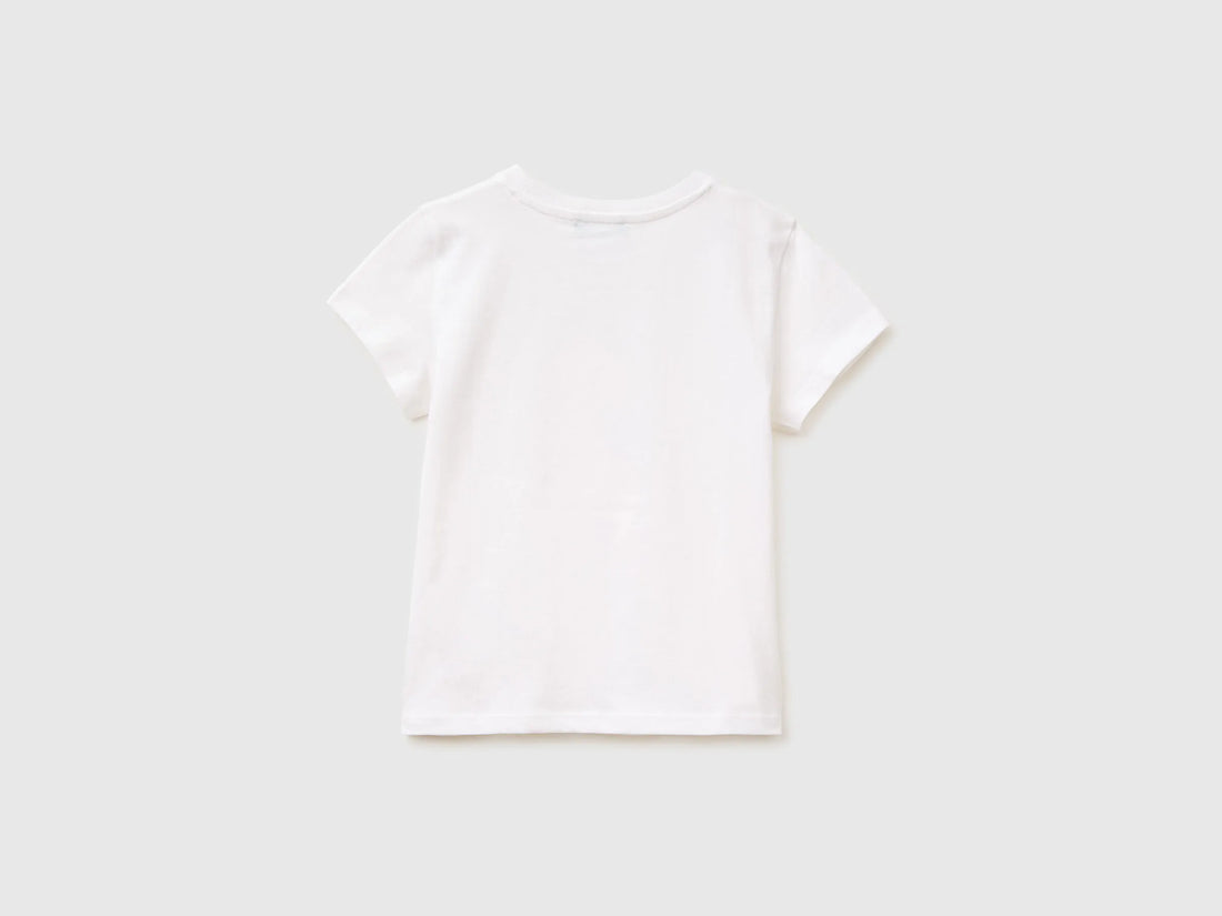 Benetton White Girls T-Shirt with Print and Glitter SKU: 3I1XG10M8_101 Image 02