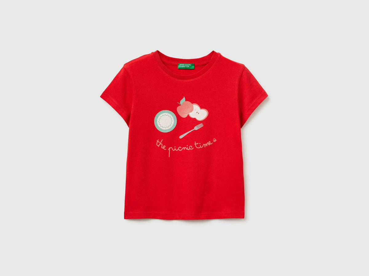 Benetton Red Girls T-Shirt with Print and Glitter SKU: 3I1XG10M8_30A Image 01