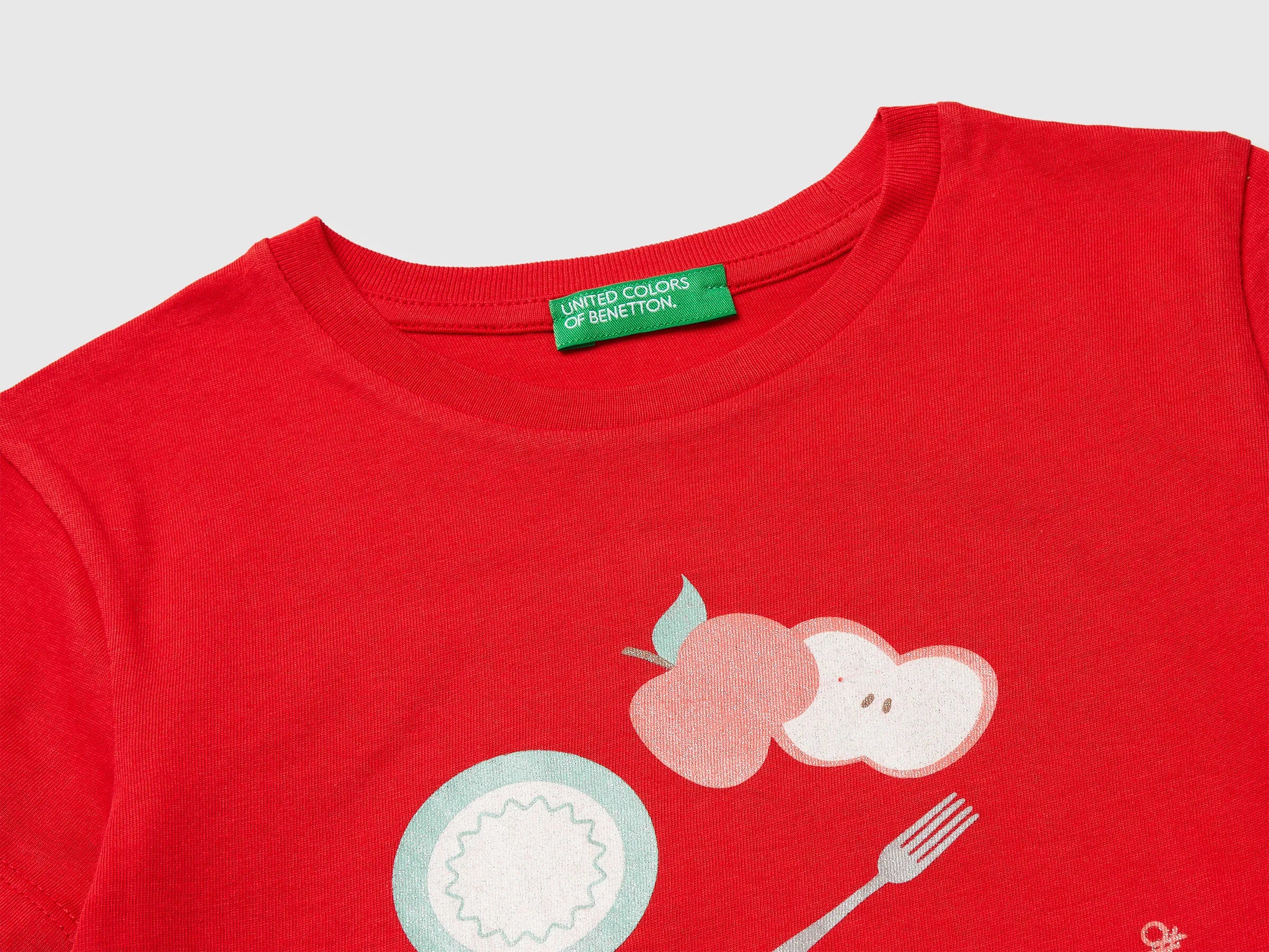 Benetton Red Girls T-Shirt with Print and Glitter SKU: 3I1XG10M8_30A Image 03