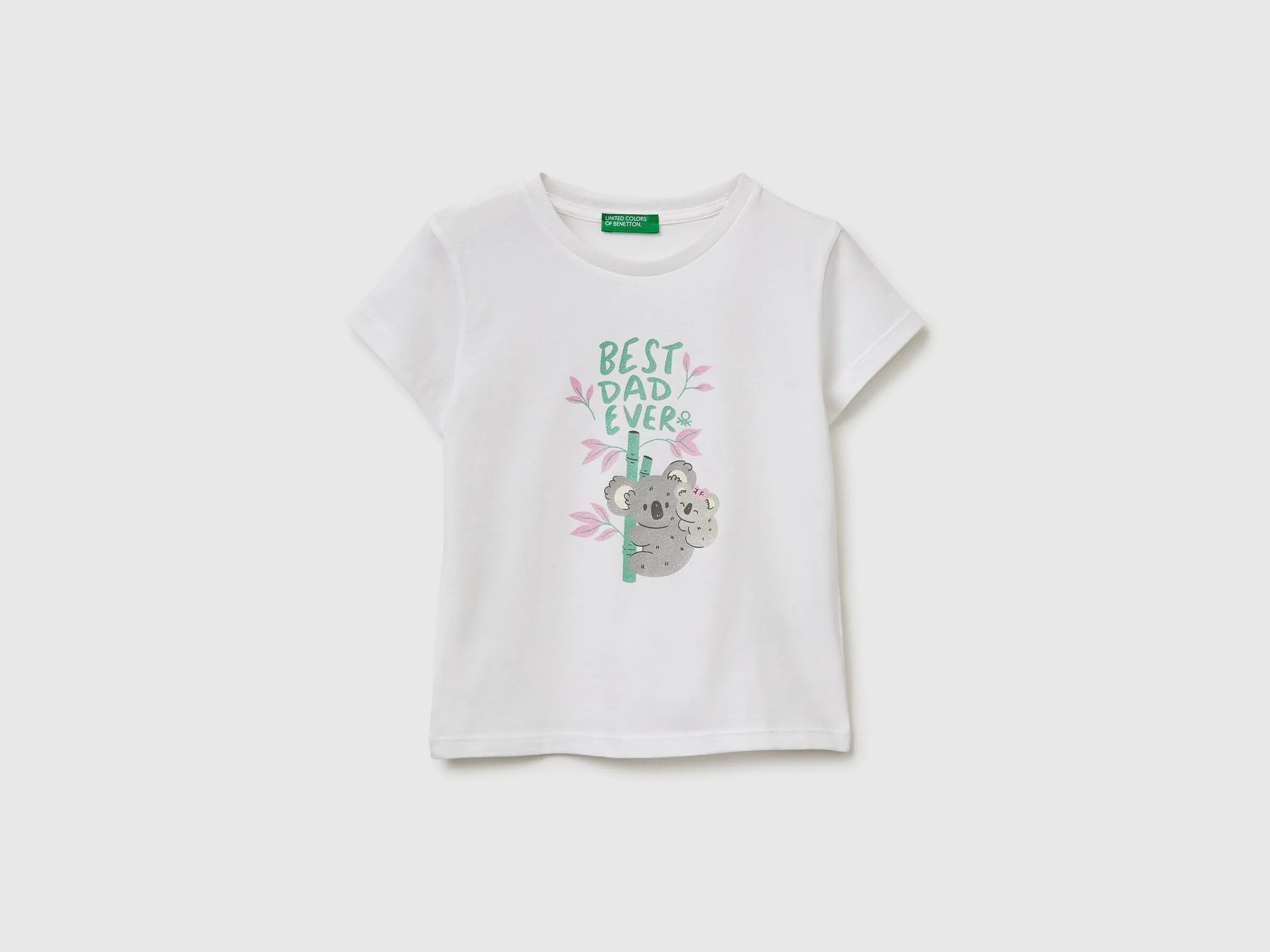 Benetton White Girls T-Shirt with Print and Glitter SKU: 3I1XG10M8_901 Image 01