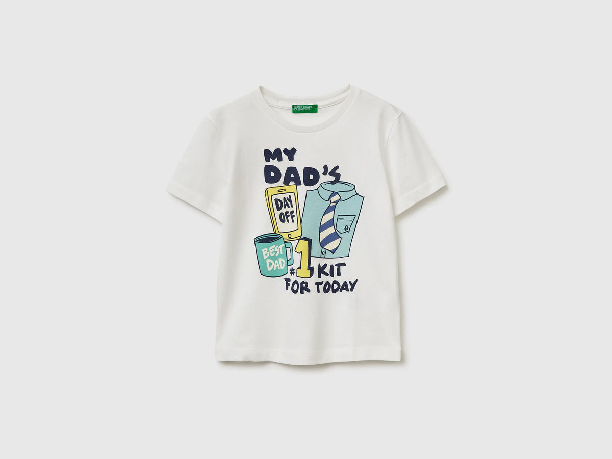 Benetton Creamy White Boys Crew Neck T-Shirt with Print SKU: 3I1XG10MA_074 Image 01
