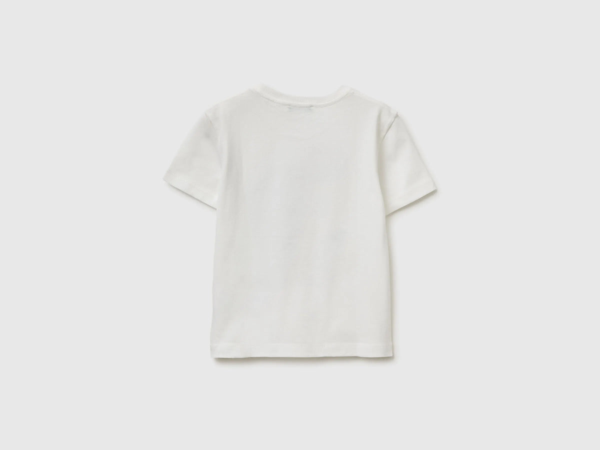 Benetton Creamy White Boys Crew Neck T-Shirt with Print SKU: 3I1XG10MA_074 Image 02