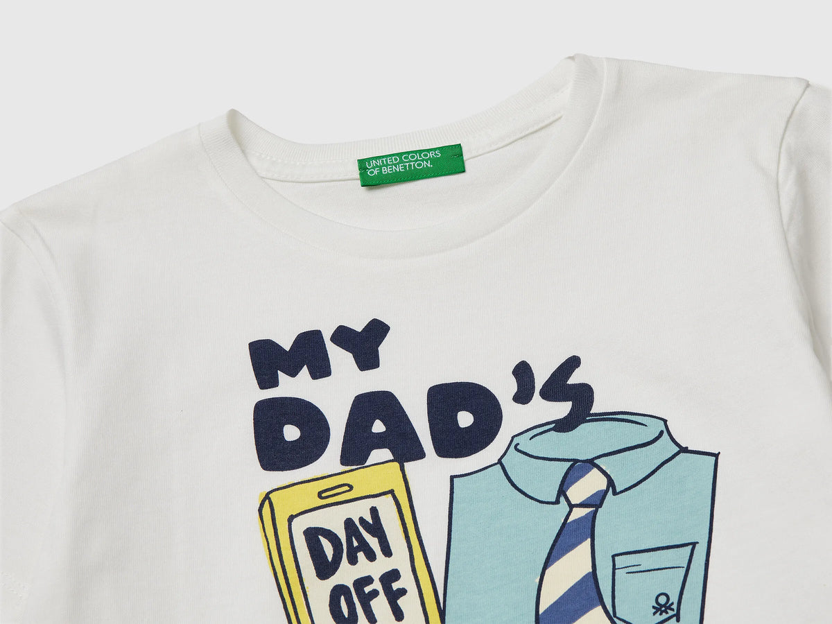 Benetton Creamy White Boys Crew Neck T-Shirt with Print SKU: 3I1XG10MA_074 Image 03