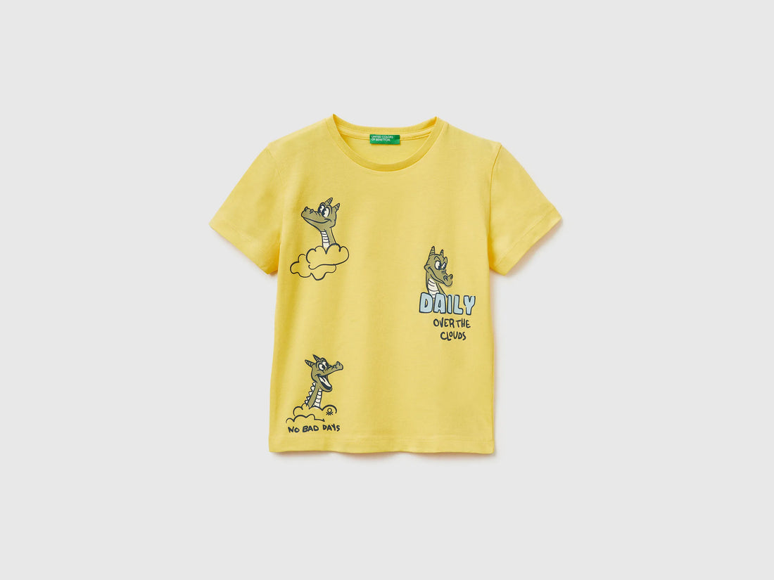 Benetton Yellow Boys Crew Neck T-Shirt with Print SKU: 3I1XG10MA_1C7 Image 01