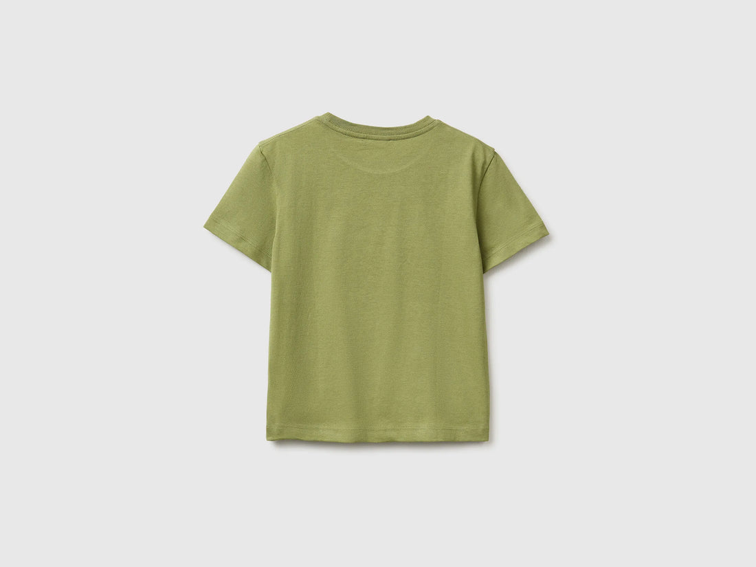 Benetton Military Green Boys Crew Neck T-Shirt with Print SKU: 3I1XG10MA_1Q1 Image 02