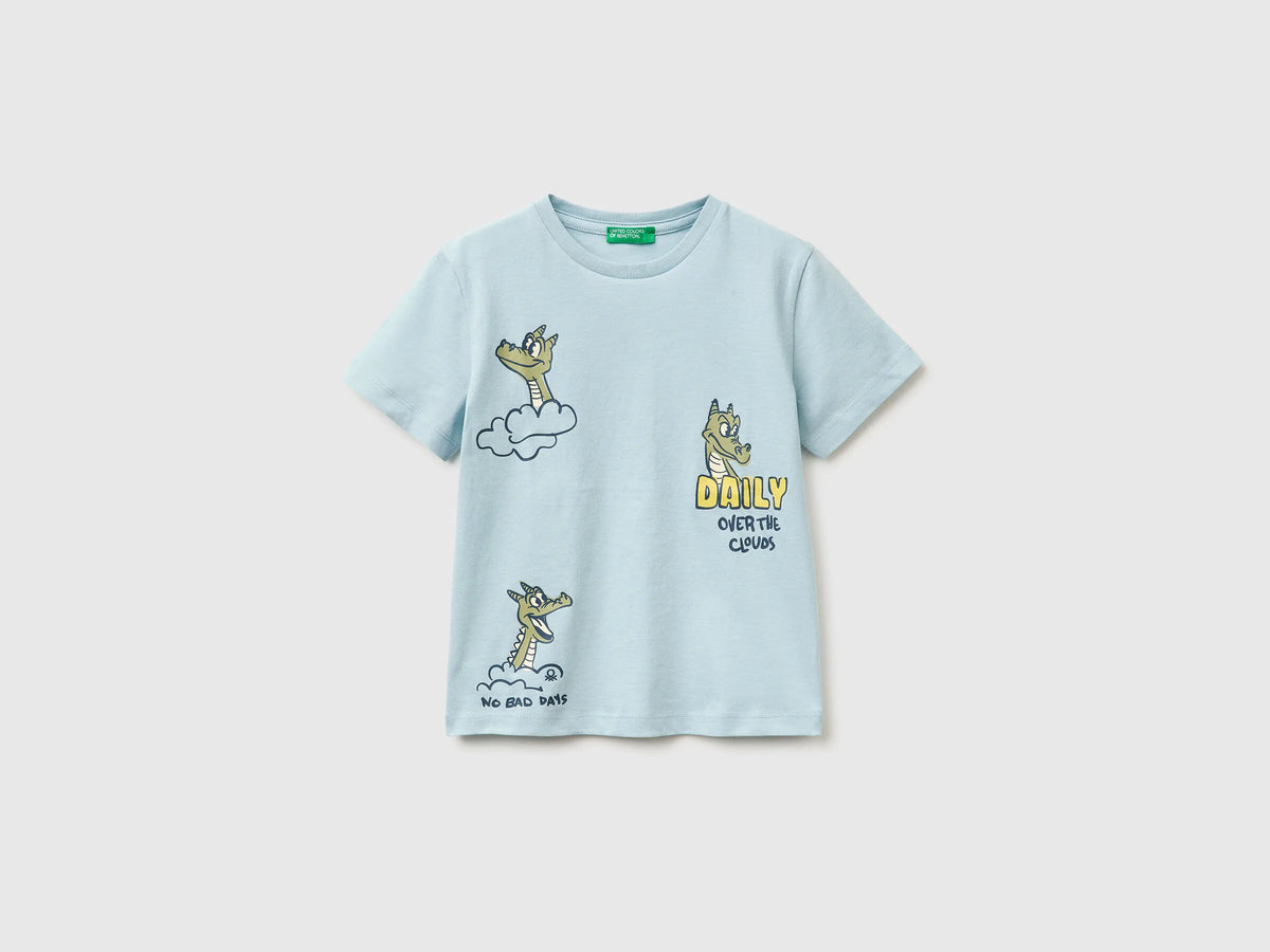 Benetton Sky Blue Boys Crew Neck T-Shirt with Print SKU: 3I1XG10MA_33W Image 01